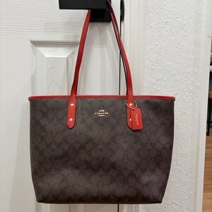 Coach Brown Tote with Red Accents